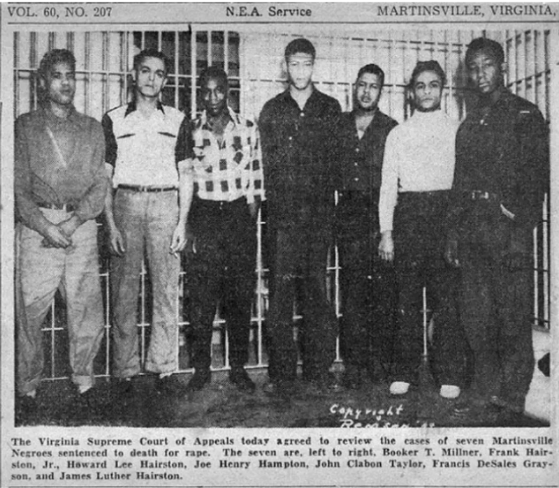 A newspaper clipping shows the “Martinsville Seven,” a group of seven Black men executed in 1951 after they were convicted of raping a white woman.